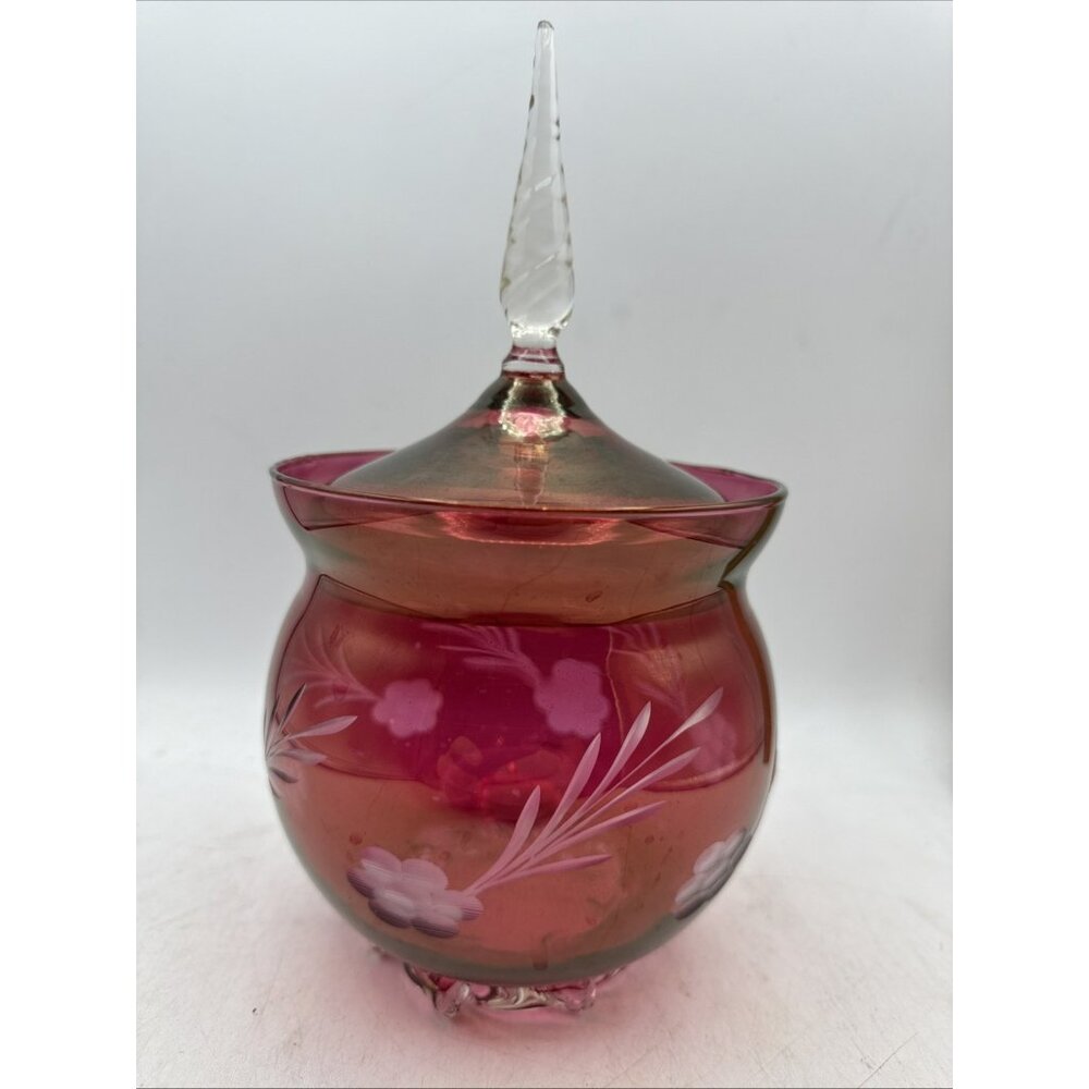 Floral Etched Cranberry Glass Lidded Candy Pedestal Made In Italy Vintage 9 In